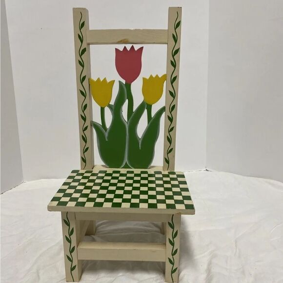 Vintage Hand Painted Wooden Doll Chair With Hand Carved Floral Cutout Design - Picture 1 of 9